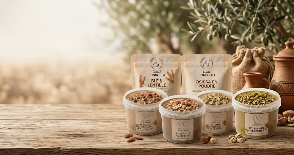 Bsissa Sonboula : sachets en poudre et pots à la cuillère, épicerie fine tunisienne